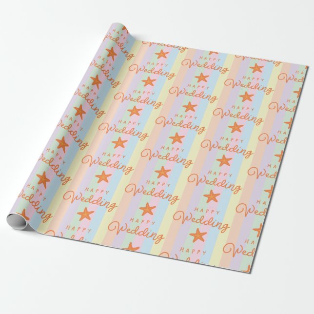 Papel De Presente Estrela-do-mar laranja Feliz Casamento Listras Col (Desenrolado)