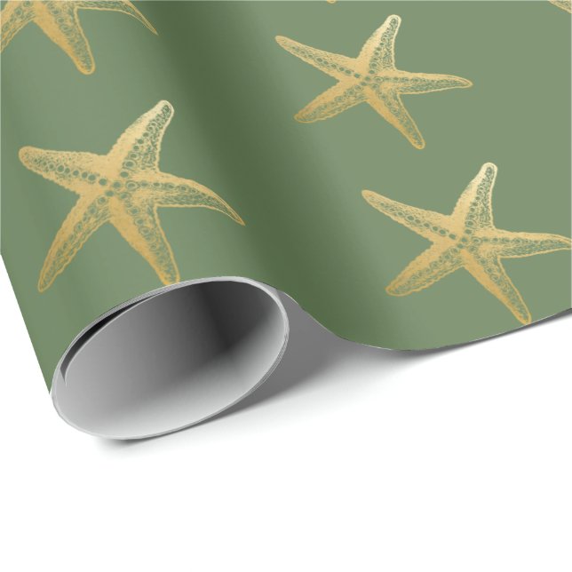 Papel De Presente Estrela do mar litoral do Natal no verde (Ponta do rolo)