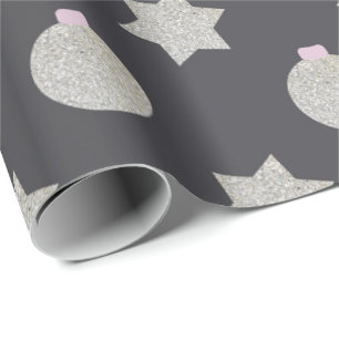 Papel De Presente Estrela Elegante e Bolas de Natal Prata e Preto