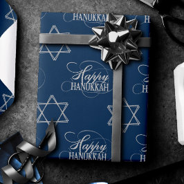 Papel De Presente Estrela Feliz de Hanukkah do Marinho de prata clás