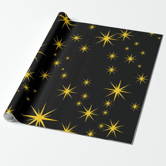 Papel De Presente Estrelas Amarelas em Negrito com Esqui Preto (Desenrolado)
