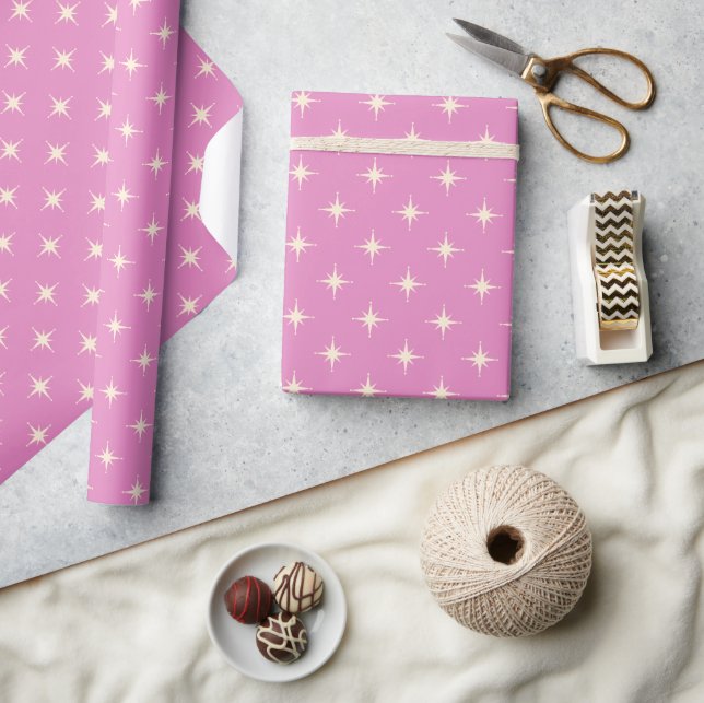 Papel De Presente Estrelas Atômicas Rosa Quente Moderno do meio sécu (Artesanato)