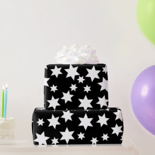 Papel De Presente Estrelas Brancas Aleatórias em Preto