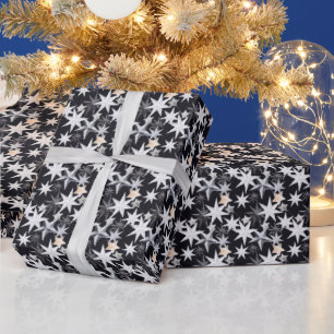 Papel De Presente Estrelas Brancas e Bege. Fundo Preto. Natal