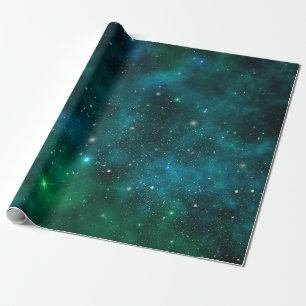 Papel De Presente Estrelas Brilhantes em Fundo Espacial Verde Escuro