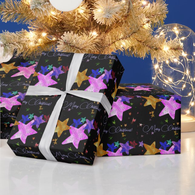 Papel De Presente Estrelas brilhantes multicoloridas - Feliz Natal! (Feriados)