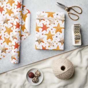 Papel De Presente Estrelas Cheias de Sorriso Vermelhas e Amarelas Cr