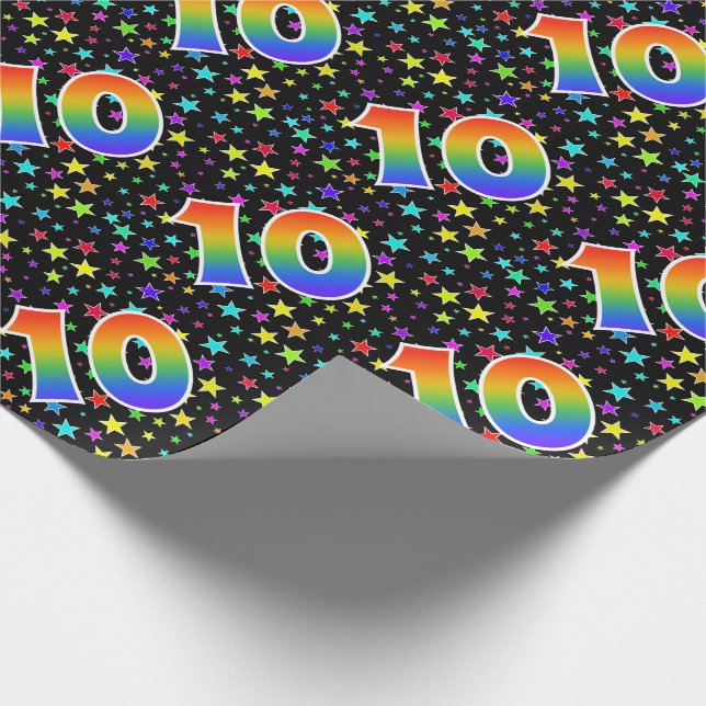 Papel De Presente Estrelas coloridas + Padrão "10" do arco-íris # (Ponta)