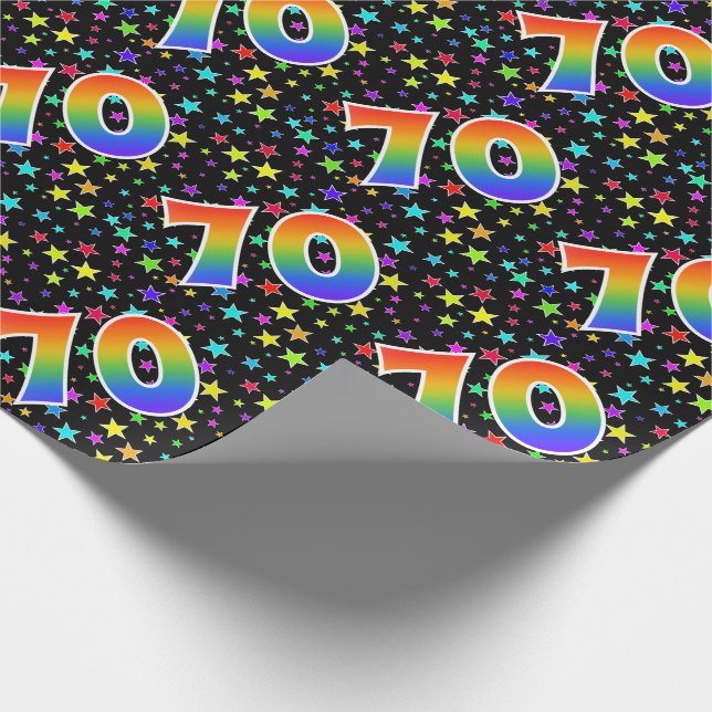 Papel De Presente Estrelas coloridas + Padrão "70" do arco-íris # (Ponta)