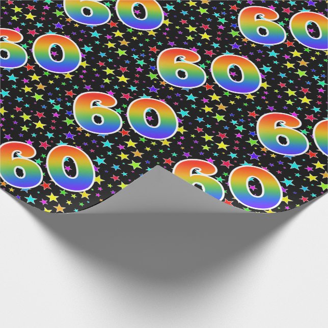Papel De Presente Estrelas coloridas + Padrão arco-íris "60" Evento  (Ponta)