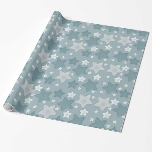 Papel De Presente Estrelas de Aquarela Azul (Desenrolado)