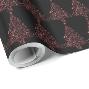 Papel De Presente Estrelas de Árvore de Natal Preto Metálico Vermelh