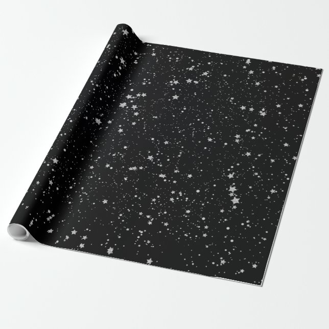 Papel De Presente Estrelas de Brilho2 - Preto Prateado (Desenrolado)