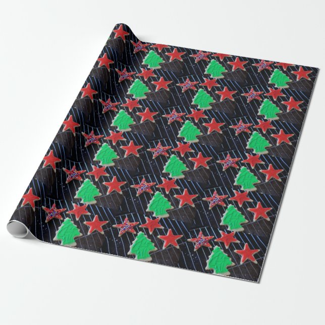 Papel De Presente Estrelas de Natal e biscoitos de árvores (Desenrolado)