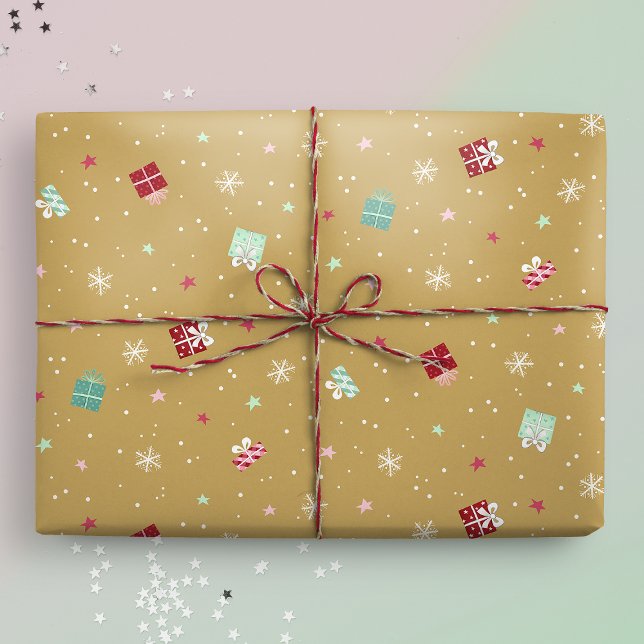 Papel De Presente Estrelas de Natal ouros, presentes, flocos de neve (Gift mockup)