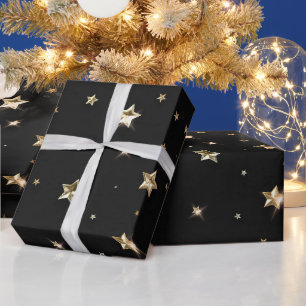 Papel De Presente Estrelas de Natal Pretas e Douradas de Faux Metal