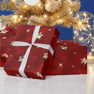 Papel De Presente Estrelas de Natal Red e Dourada Faux Metal
