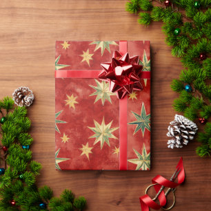 Papel De Presente Estrelas de Natal Vermelho Verde Dourado