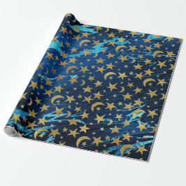 Papel De Presente Estrelas de Ouro Elegante e Marinho azul-lua