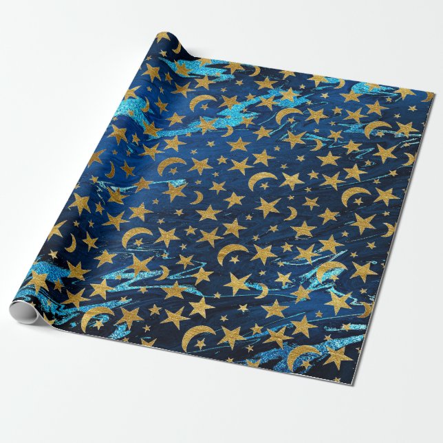 Papel De Presente Estrelas de Ouro Elegante e Marinho azul-lua (Desenrolado)