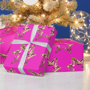 Papel De Presente Estrelas de Ouro Elegante Padrão Rosa Quente