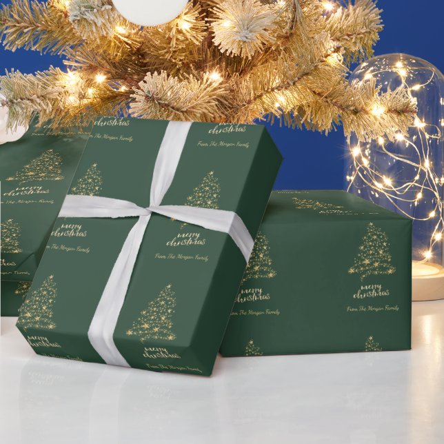 Papel De Presente Estrelas de Pinheiro Dourado Verde Feliz Natal    (Feriados)