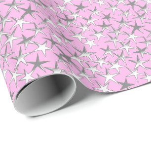 Papel De Presente Estrelas de Prata a Rosa Pastel