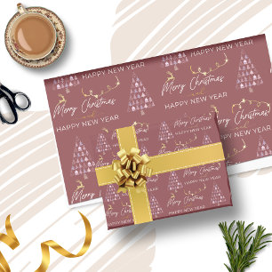 Papel De Presente Estrelas de renas de árvores de Natal de Crimson