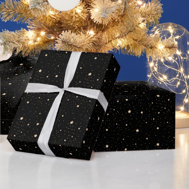 Papel De Presente Estrelas do Céu da Noite Elegante Preto e Dourado  (Feriados)
