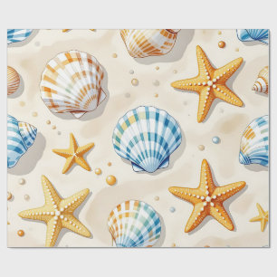 Papel De Presente Estrelas-do-Mar Conchas Marinhas Padrão de Praia