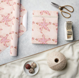 Papel De Presente Estrelas-do-mar e Coral Padrão Pastel Rosa