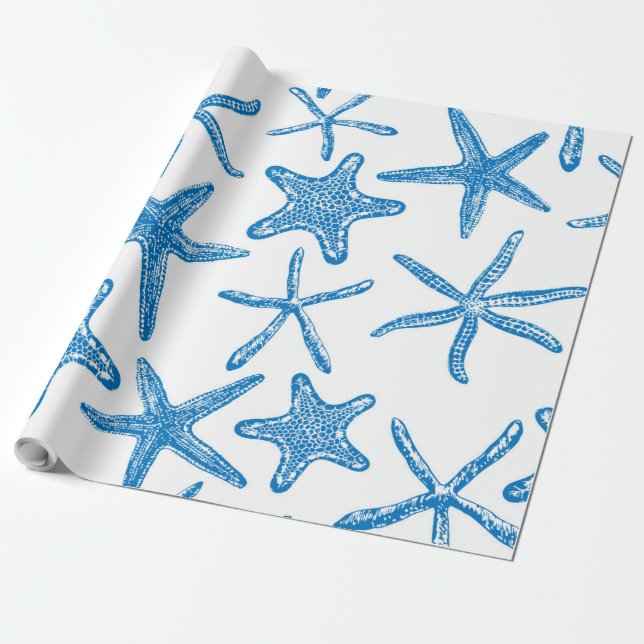 Papel De Presente Estrelas do mar em azul (Desenrolado)