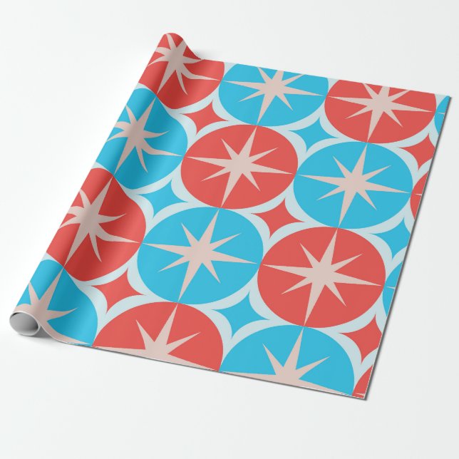 Papel De Presente Estrelas do meio século nos círculos azul e vermel (Desenrolado)