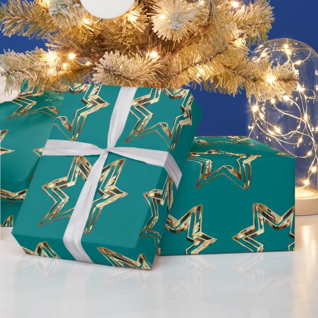 Papel De Presente Estrelas do Ouro Elegante - Natal do Teal (Feriados)