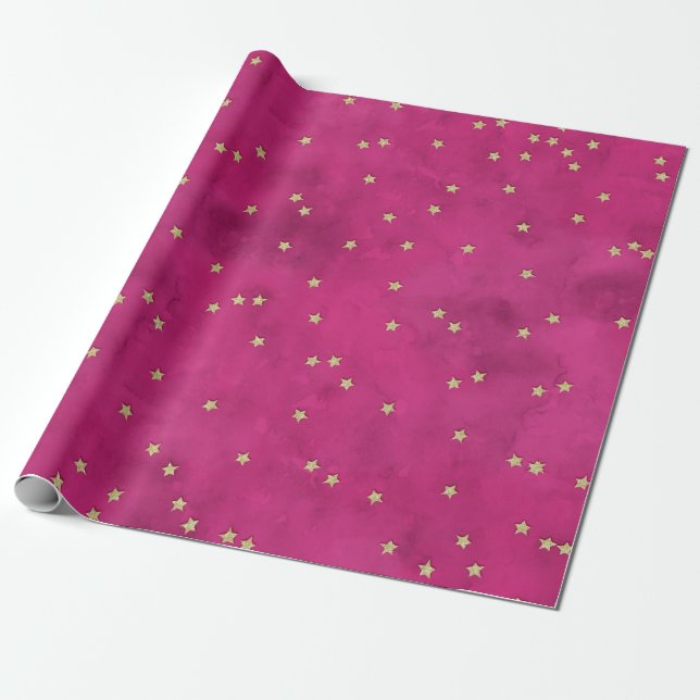 Papel De Presente Estrelas do ouro em Fundo Rosa (Desenrolado)