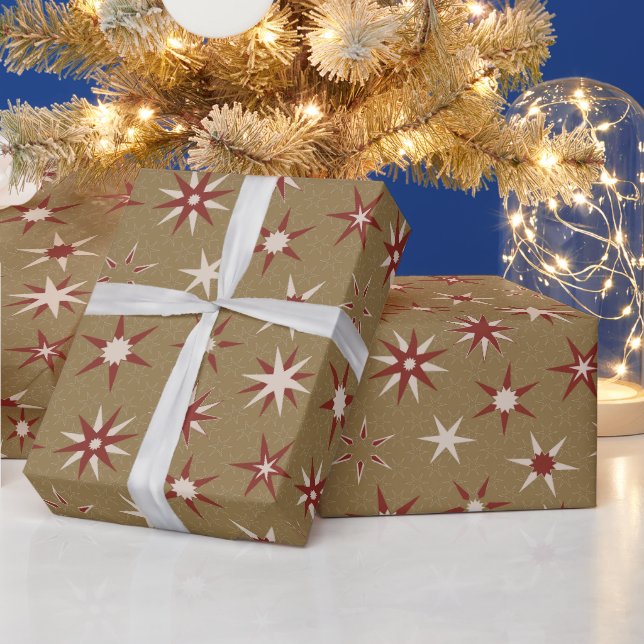Papel De Presente Estrelas do Red Geo Natal - sobre padrão dourado. (Feriados)