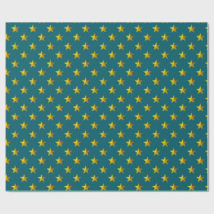 Papel De Presente Estrelas Douradas Azul-Teal Profunda