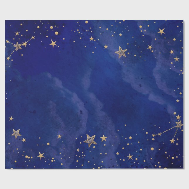 Papel De Presente Estrelas Douradas,Céu,Azul Marinho, Feriado (Aberto)