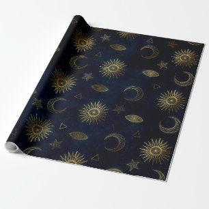 Papel De Presente Estrelas Douradas da Lua Solar Celestial Azul