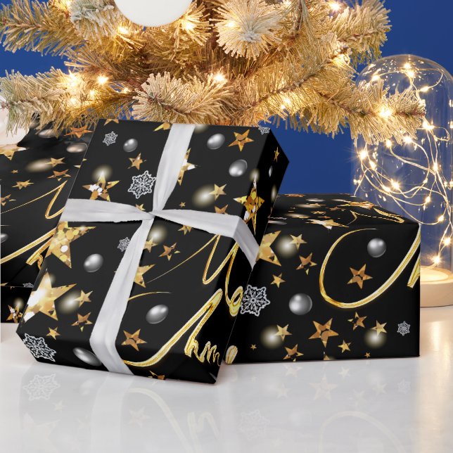 Papel De Presente Estrelas Douradas e pretas de luxo - Xmas Metálico (Feriados)