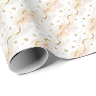 Papel De Presente Estrelas Douradas Elegantes & Aquarela Rosa 