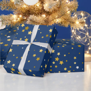 Papel De Presente estrelas douradas elegantes com padrão azul