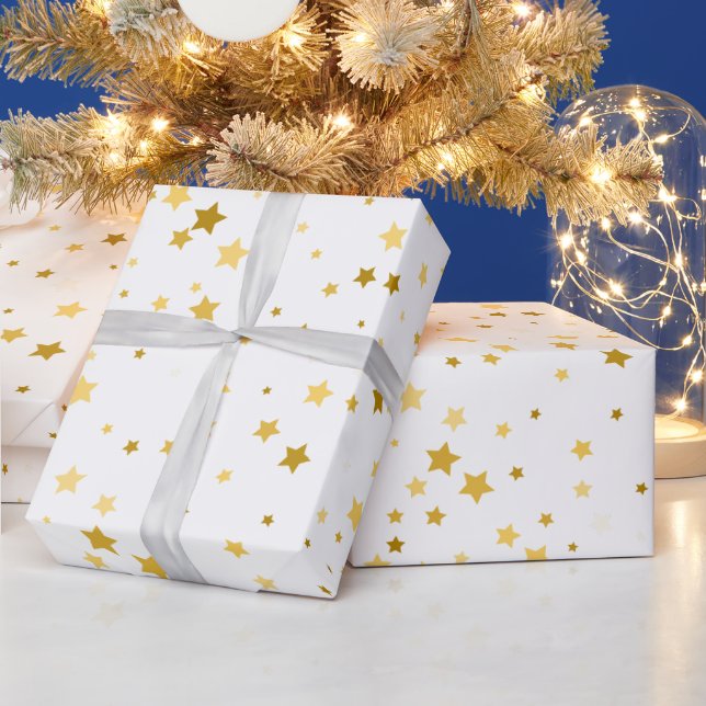 Papel De Presente estrelas douradas elegantes com padrão branco (Feriados)
