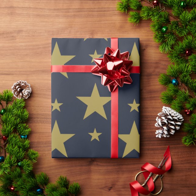 Papel De Presente Estrelas Douradas em Azul-Marinho – Elegante e Ate (Presente de Natal)