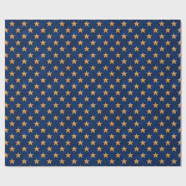 Papel De Presente Estrelas Douradas em Padrão Contínuo Azul Meia-Noi (Aberto)
