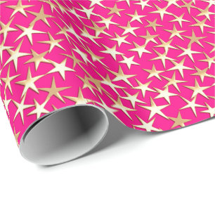 Papel De Presente Estrelas douradas em rosa fúcsia