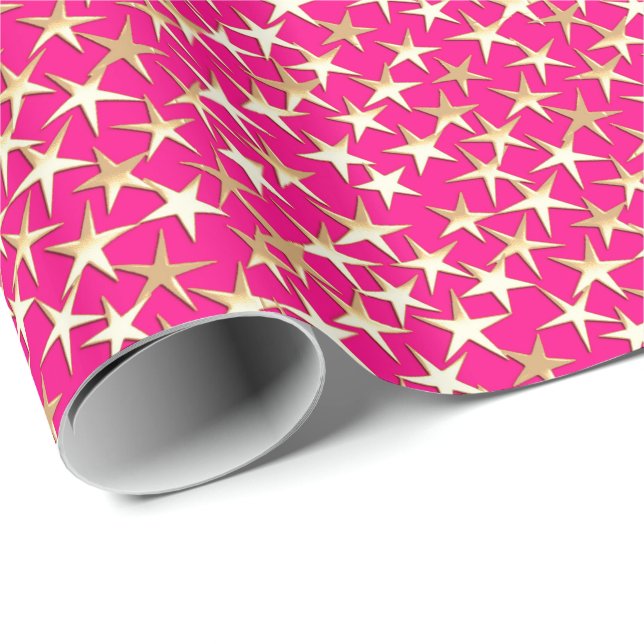 Papel De Presente Estrelas douradas em rosa fúcsia (Ponta do rolo)