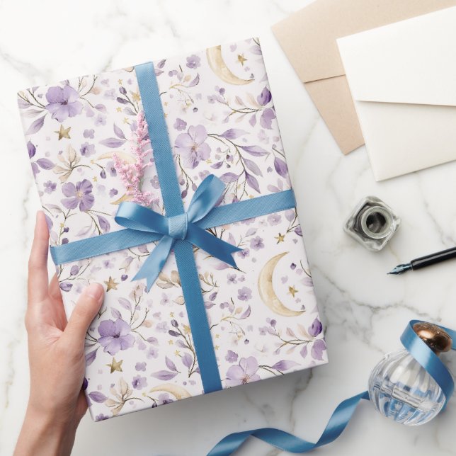 Papel De Presente Estrelas Douradas Lua Flores Roxas Aniversário (Presentear)