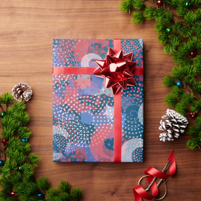 Papel De Presente Estrelas e Círculos, Sobreposição Aleatória (Presente de Natal)