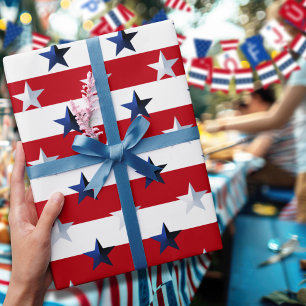 Papel De Presente Estrelas e Listras Vermelhas e Brancas Americanas